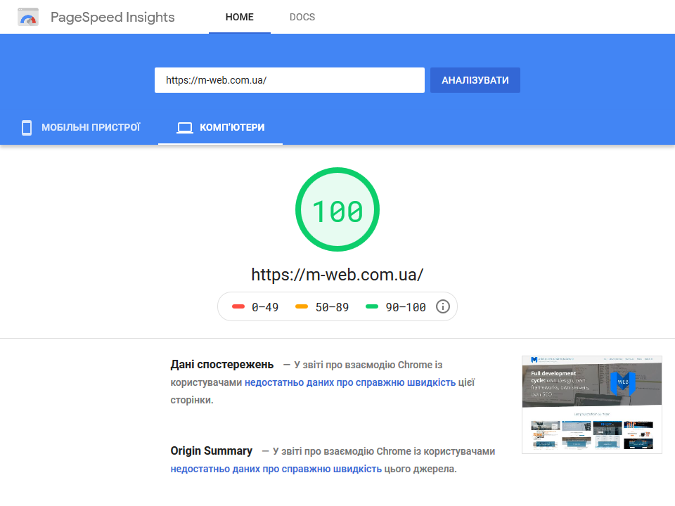 Висока оцінка в Google PageSpeed Insights